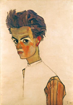 

nude canvas paintings portrait picture modern art home decor giant poster self-Portrait with Striped Shirt By Egon Schiele