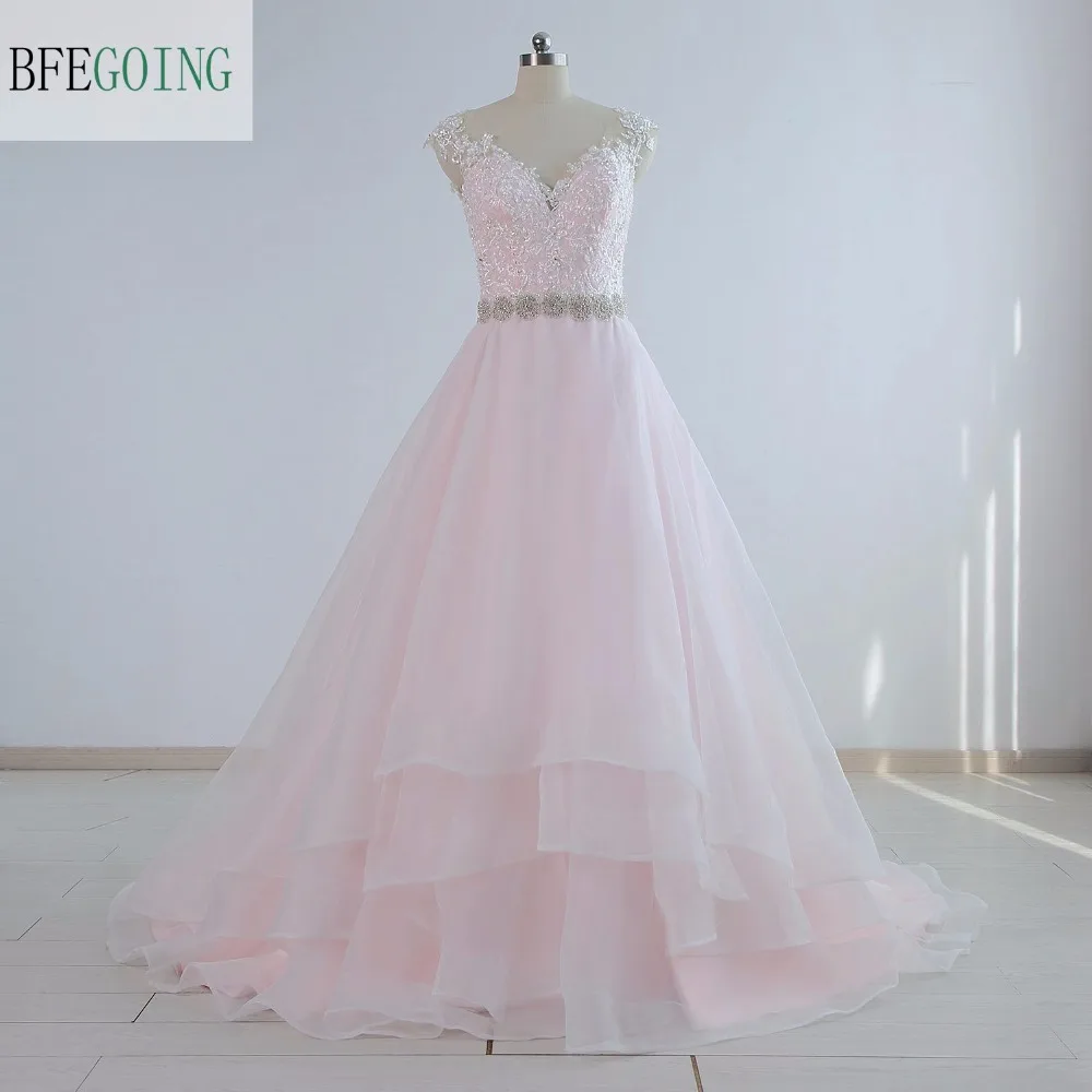 Pink Satin Organza V-Neck A-line Wedding Dresses Chapel Train Beading Belt Tiered ON the Skirt Real/Original Photos
Pink Satin Organza V-Neck A-line Wedding Dresses Chapel Train Beading Belt Tiered ON the Skirt Real/Original Photos