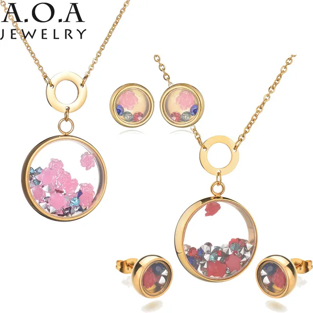 romantic flower multicolor rhinestone jewelry set stainless
