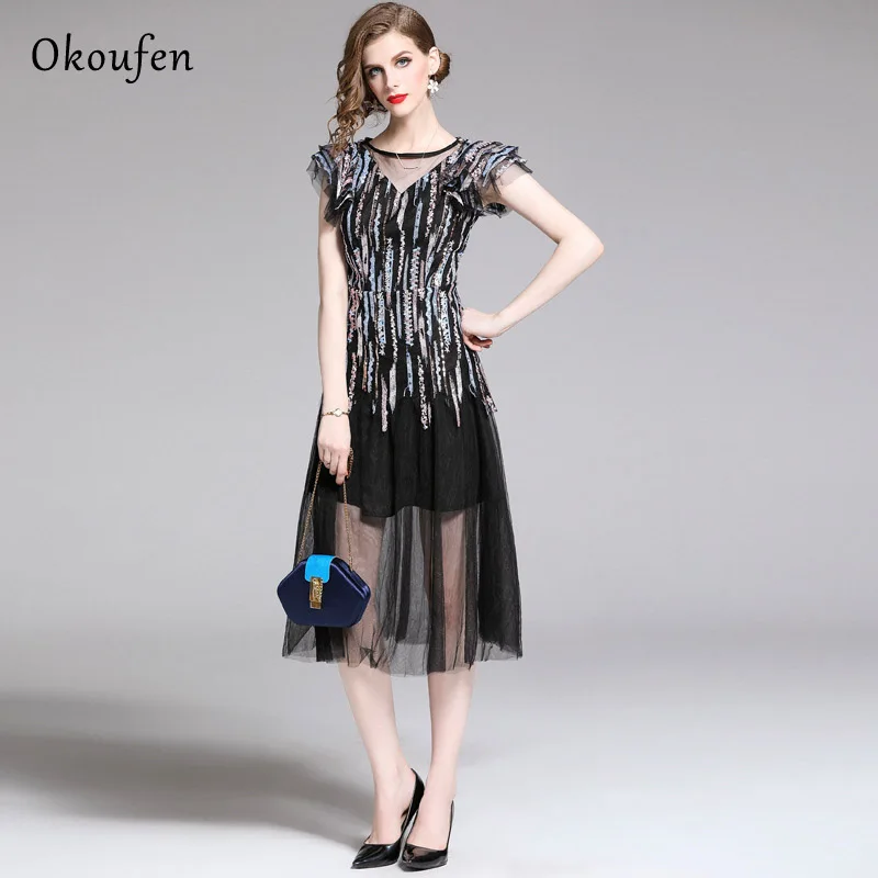 OKOUFEN Summer Dress Retro Dress Women'S Wear Round Collar Lotus Leaf Sleeve Sequins Embroidered Yarn Mesh Fashion High-Quality
OKOUFEN Summer Dress Retro Dress Women'S Wear Round Collar Lotus Leaf Sleeve Sequins Embroidered Yarn Mesh Fashion High-Quality