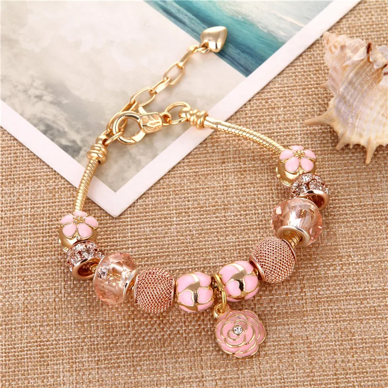 silver plated Flower Pendant Pink Beads Rose Golden Bracelet Cute Elegant Charms Pan Bracelets & Bangles For Women/Girl Gift
silver plated Flower Pendant Pink Beads Rose Golden Bracelet Cute Elegant Charms Pan Bracelets & Bangles For Women/Girl Gift