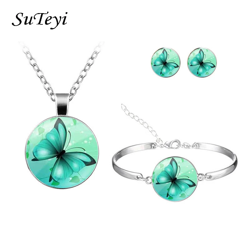 Suteyi Romantic Beautiful Blue Butterfly Art Picture Glass Cabochon Necklace Stud Earrings Bracelet Jewelry Set For Wedding Gift
Suteyi Romantic Beautiful Blue Butterfly Art Picture Glass Cabochon Necklace Stud Earrings Bracelet Jewelry Set For Wedding Gift