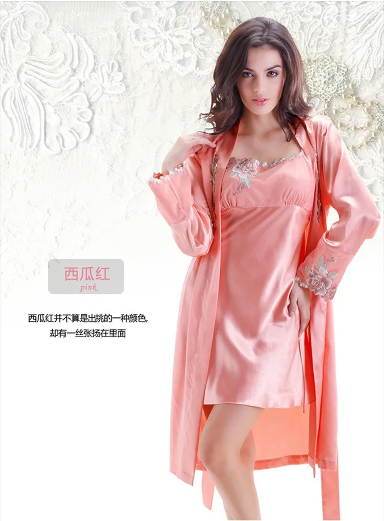 Women's Satin Robe Sets Long Sleeve Silk Bath Robes & Slip Dress Beautiful Embroidery Dressing Gown Home Clothes Women Sleepwear S-3XL