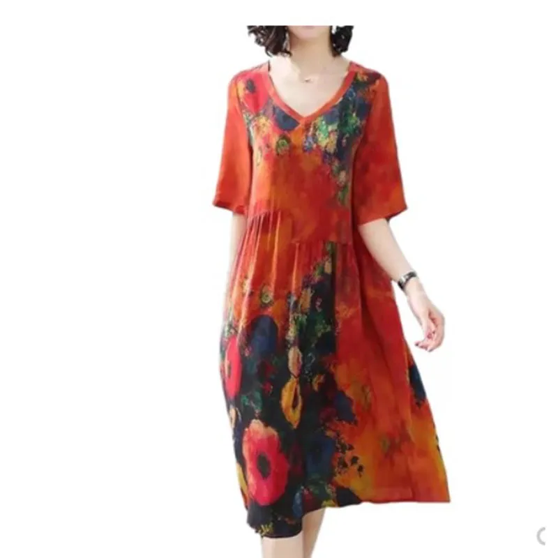2019 New Arrival Women Silk Dresses Female Summer Half Sleeve V-Neck Vintage Print Dresses Loose Casual Plus Size Vestidos RQ126
2019 New Arrival Women Silk Dresses Female Summer Half Sleeve V-Neck Vintage Print Dresses Loose Casual Plus Size Vestidos RQ126