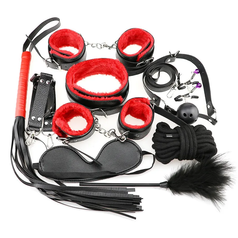 10 Pcs/set Sexy Lingerie PU Leather Bdsm Bondage Set Sex Hand Cuffs Footcuff Whip Rope Blindfold Erotic Sex Toys For Couples