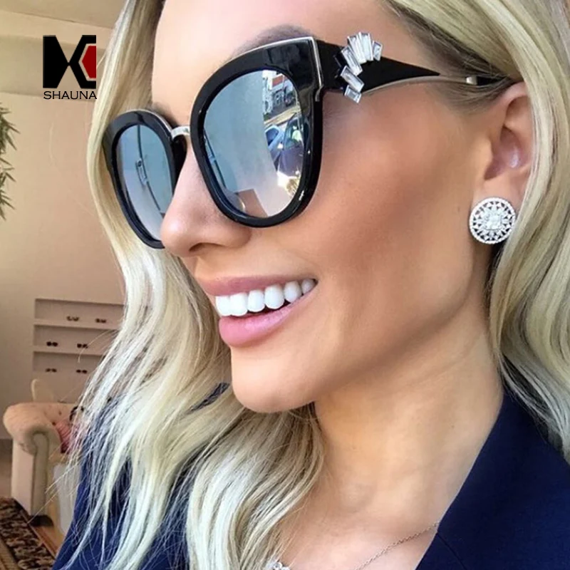 SHAUNA Luxury Crystal Decoration Women Cat Eye Sunglasses Fashion Oversize Ladies Yellow Tinted Lens Shades | Аксессуары для