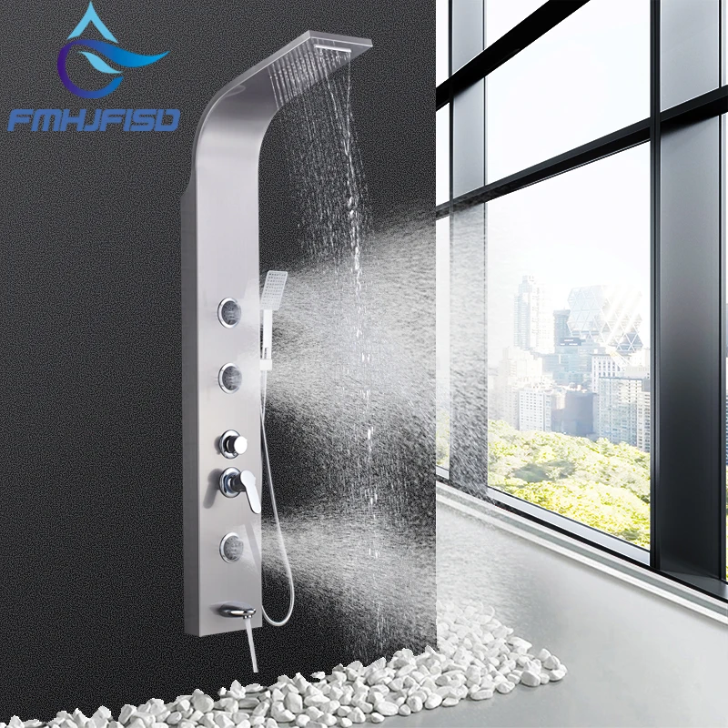 

Brushed Nickel Bath Shower Panel Rainfall Waterfall Tower Shower Column with Body SPA Massage Jets Spray Nozzle Tub Faucet Spout