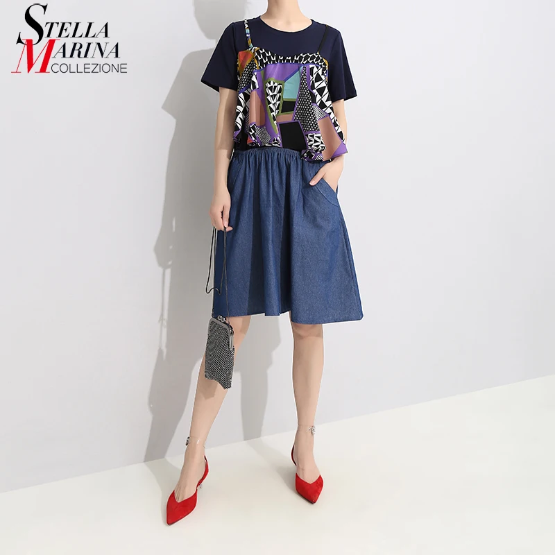 New 2019 Korean Style Women Summer Sun Dress Short Sleeve Extra Printed Part Denim Patchwork Female Cute Midi Sundress Robe 5045
New 2019 Korean Style Women Summer Sun Dress Short Sleeve Extra Printed Part Denim Patchwork Female Cute Midi Sundress Robe 5045