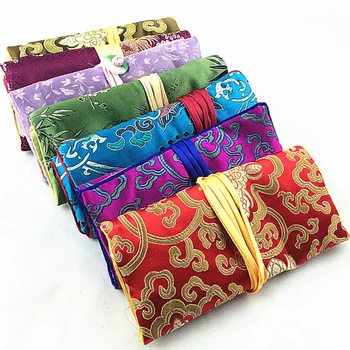 

11x7 inch Portable Jade Jewelry Cosmetic Travel Roll Bag Zipper Silk Satin Pouch Bag Necklace Bracelet Ring Earring Storage Bag
