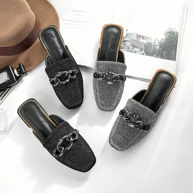 mules Square Toe leather Med Hoof Heels Bling Metal Decoration Solid Elegant black slippers ladies warm spring