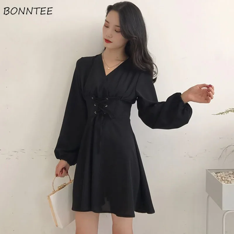 Dress Women V-Neck Solid All-match Retro Slim Fashion Lantern Sleeve Korean Style Elegant High Quality Womens Clothing Female 
Dress Women V-Neck Solid All-match Retro Slim Fashion Lantern Sleeve Korean Style Elegant High Quality Womens Clothing Female