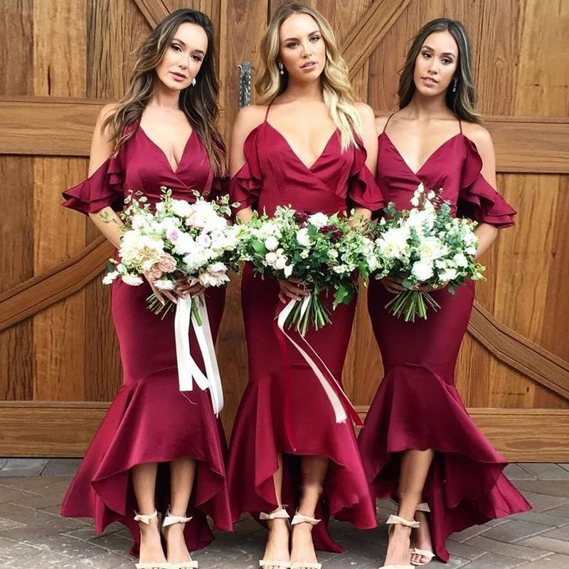 Burgundy Dress For Wedding Party Elegant Mermaid Deep V Neck Spaghetti Strap High Low Bridesmaid Dress 2019 Cheap Brides Gown
Burgundy Dress For Wedding Party Elegant Mermaid Deep V Neck Spaghetti Strap High Low Bridesmaid Dress 2019 Cheap Brides Gown