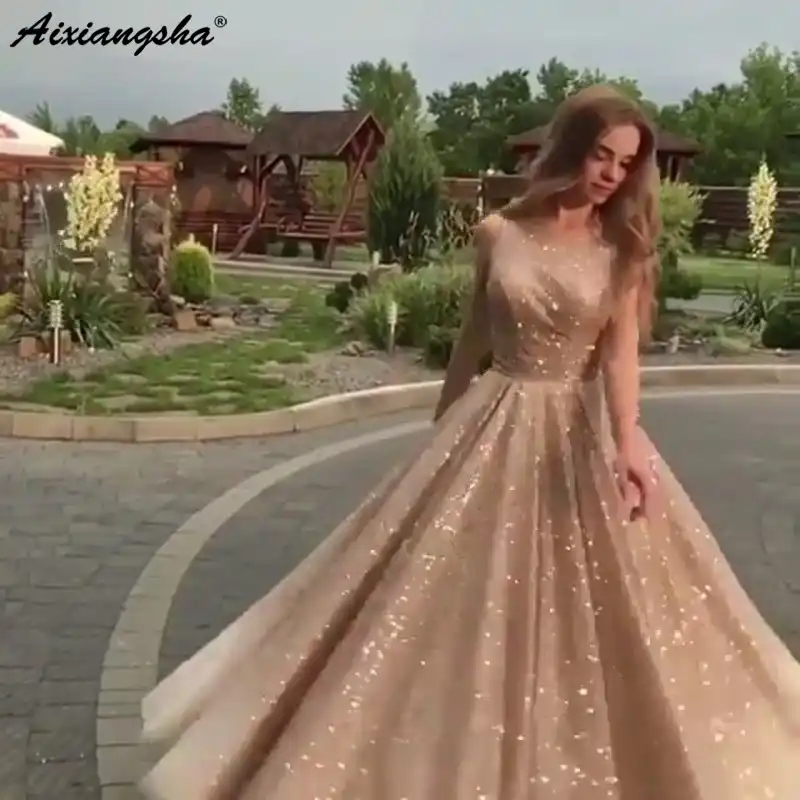 Shiny Gold Sequins Prom Dresses 2019 Scoop A Line Evening Gowns