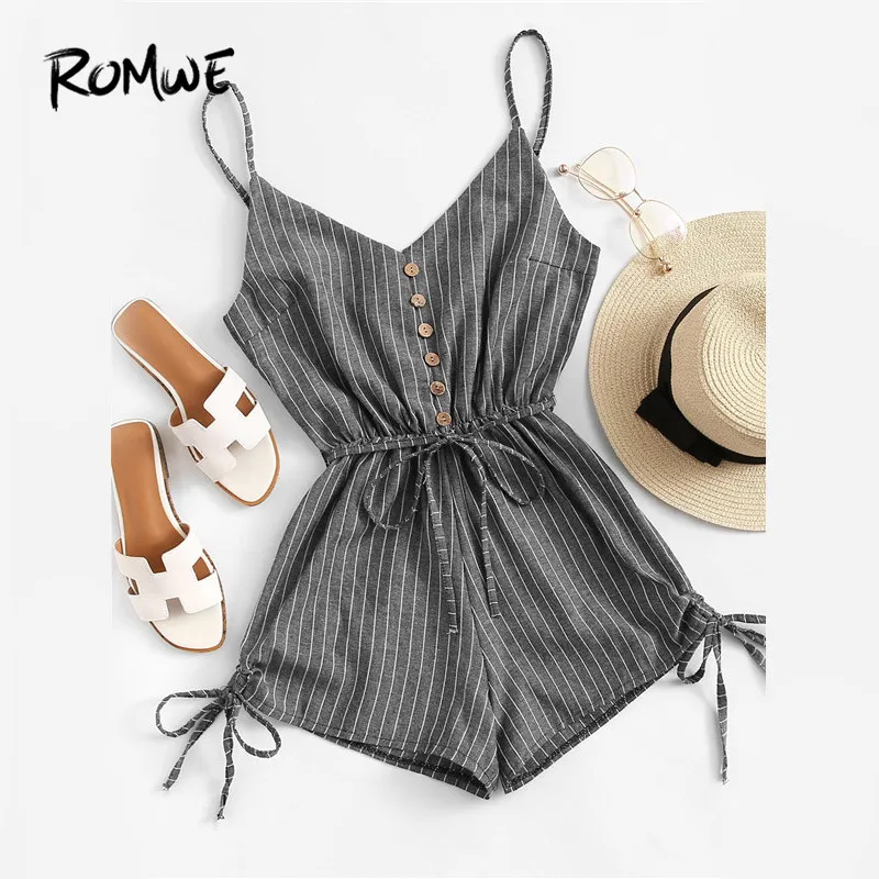 

ROMWE Grey Drawstring Mid Waist Knot Button Detail Striped Cami Romper Woman Beach Spaghetti Strap Wide Leg Light Blue Playsuits
