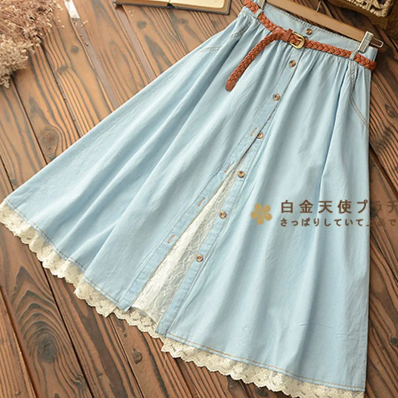 Spring Mori Girl Casual Sweet Skirt Women Denim With Belt Solid Sky Blue Lace Hem Female Mid Calf Skirt High Waist Skirts U157
Spring Mori Girl Casual Sweet Skirt Women Denim With Belt Solid Sky Blue Lace Hem Female Mid Calf Skirt High Waist Skirts U157