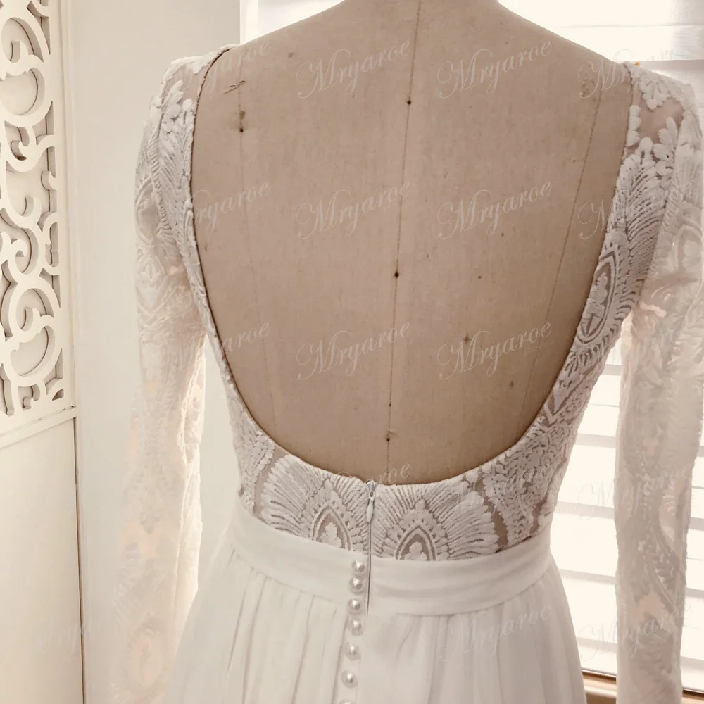 Mryarce Unique Lace Long Sleeves Open Back Hippie StylevWedding Dress Chiffon A line Long Boho Chic Rustic Bridal Gowns (5)