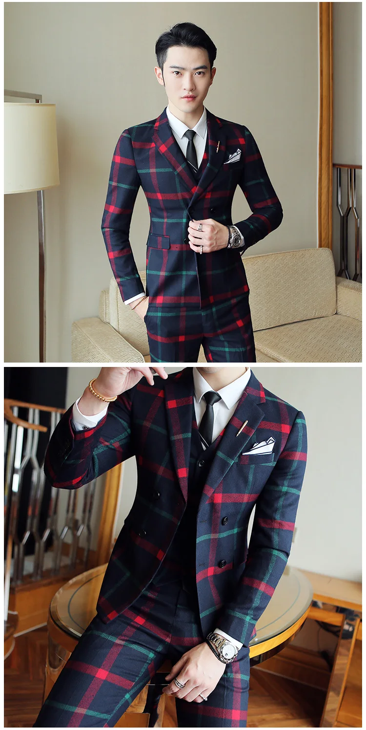 Jacket + Vest + Pants / Mens Red Plaid Suit Set Of Personality Stripes