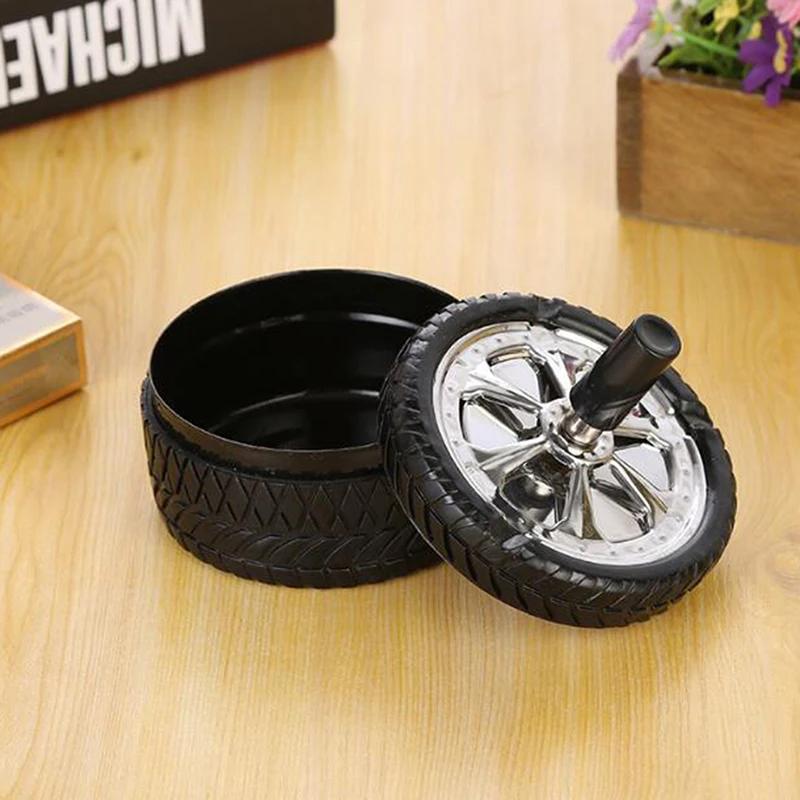 

Black Clean Press Tire Shape Type Windproof Rotation Tire Ashtray Press Rotary Metal Seal Ashtray With Lid