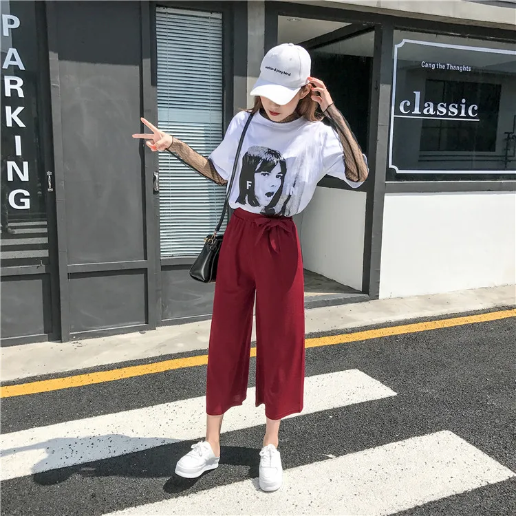 Plus Size - Casual Elastic Waist Loose Wide Leg Pants Preppy Style Trousers Female Palazzo Pants (Us 18W-20W)