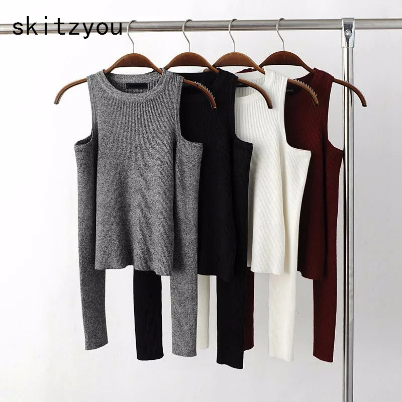 Skitzyou/Осенняя Женская трикотажная футболка с длинным рукавом черные топы