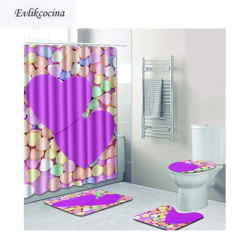 Free Shipping 4pcs Purple Heart Banyo Bath Mats Anti Slip Bathroom Mat Set Tapete Banheiro Washable Toilet Rugs Alfombra Bano | Дом и сад