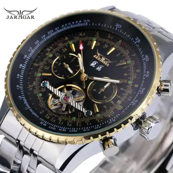 

JARAGAR Skeleton Mens Watches Top Brand Luxury Working Sub-dials Calendar Tourbillon Automatic Mechanical Watch Men Metal Strap