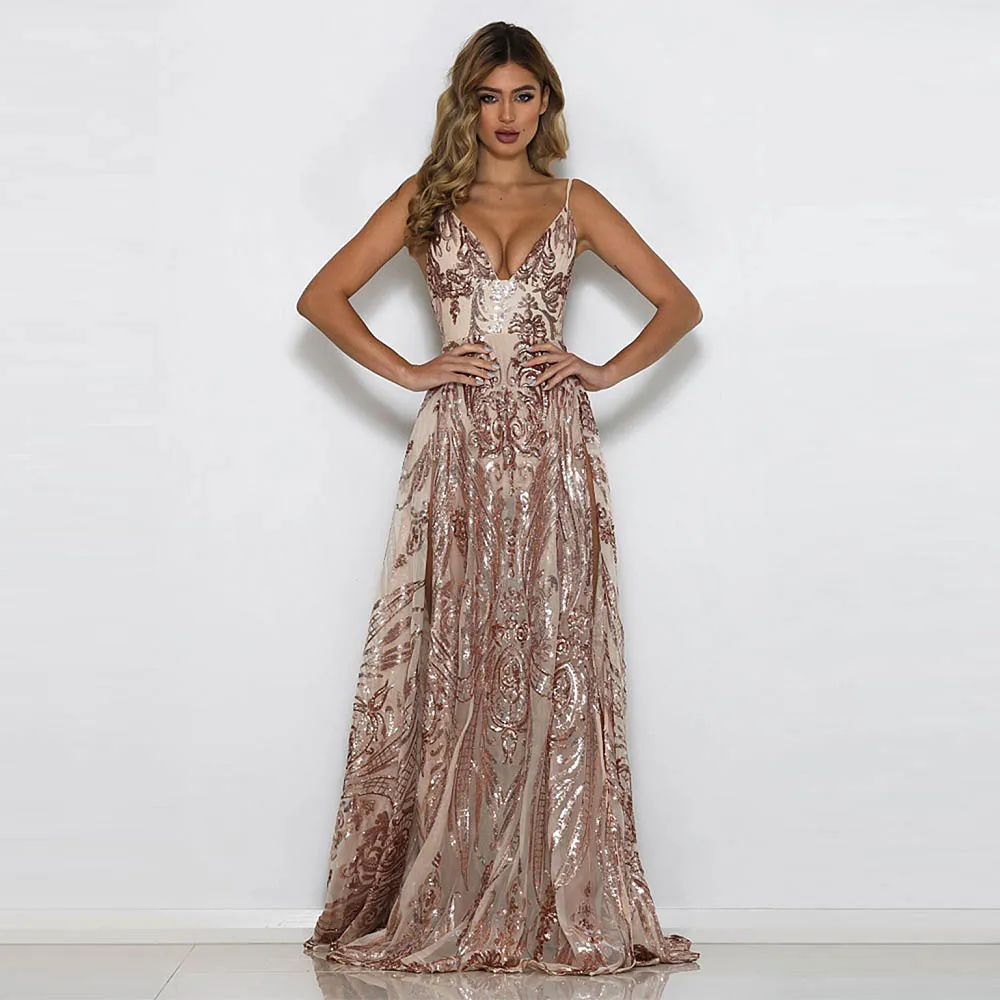 Sexy Deep V Neck Padded Gold Sequin Party Dress High 2 Split Front Floor Length Sleeveless with Nude Underwear Backless Dress
Sexy Deep V Neck Padded Gold Sequin Party Dress High 2 Split Front Floor Length Sleeveless with Nude Underwear Backless Dress
