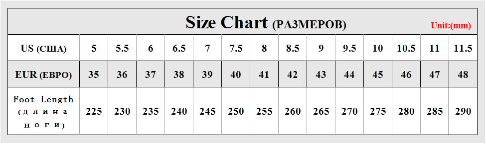 us unisex size chart