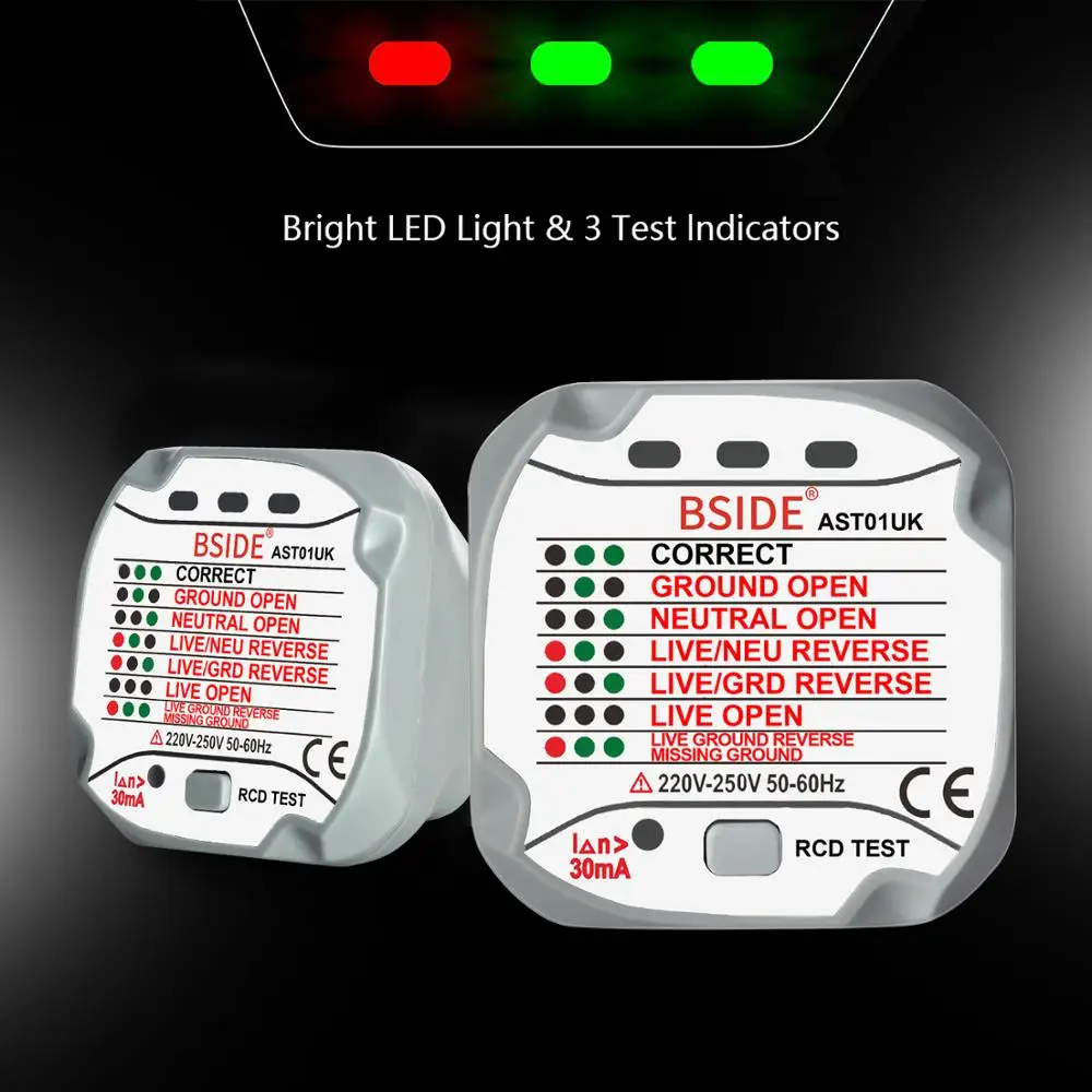 Socket Tester BSIDE AST01 Outlet detector RCD GFCI Test EU US UK AU Plug Ground Zero Line Plug Polarity Phase Check
Socket Tester BSIDE AST01 Outlet detector RCD GFCI Test EU US UK AU Plug Ground Zero Line Plug Polarity Phase Check