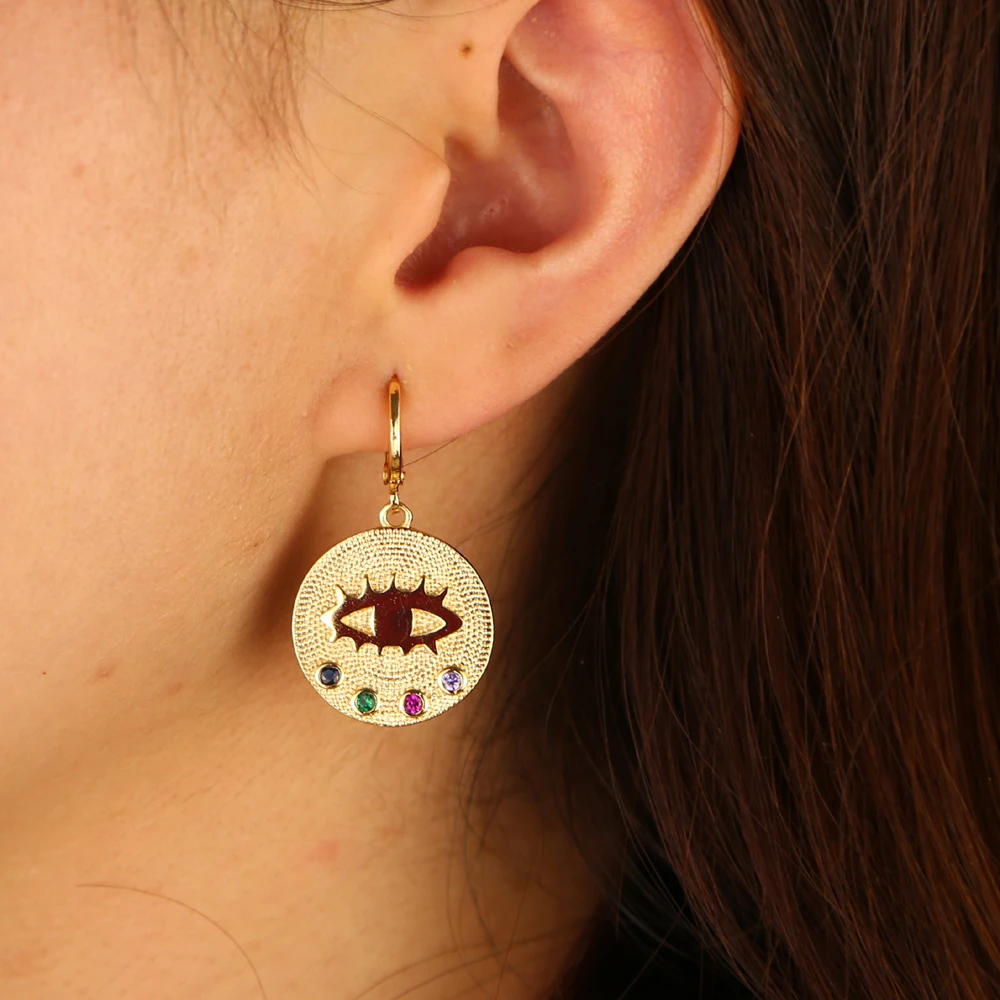 high quality delicate fashion earring Round coin gold earring for women rainbow cz colors engraved lucky eye charming jewelry
high quality delicate fashion earring Round coin gold earring for women rainbow cz colors engraved lucky eye charming jewelry
