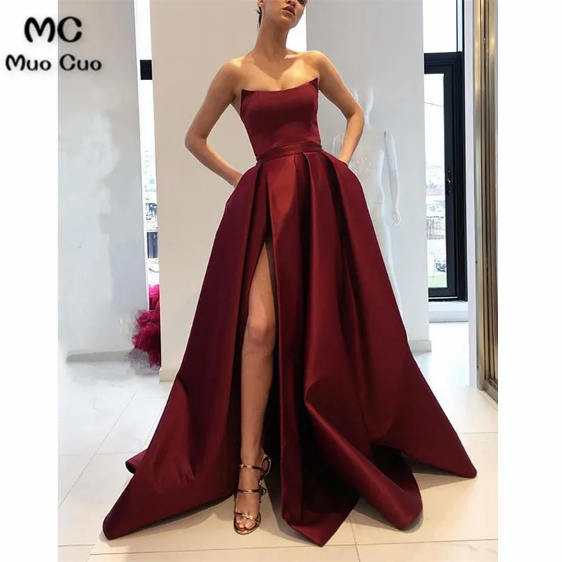 2018 Burgundy Strapless Bodice Evening Dresses with Pockets Leg Split Sweep Train A-Line Burgundy Formal Evening Party Dresses
2018 Burgundy Strapless Bodice Evening Dresses with Pockets Leg Split Sweep Train A-Line Burgundy Formal Evening Party Dresses