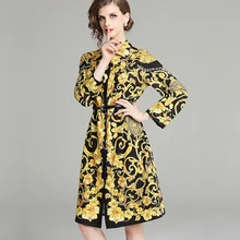 Vestido de mujer de diseñador de pasarela de moda Vestido de manga larga estampado retro vestidos plisados señoras OL prendas de vestir otoño elegante vestido de fiesta(China)