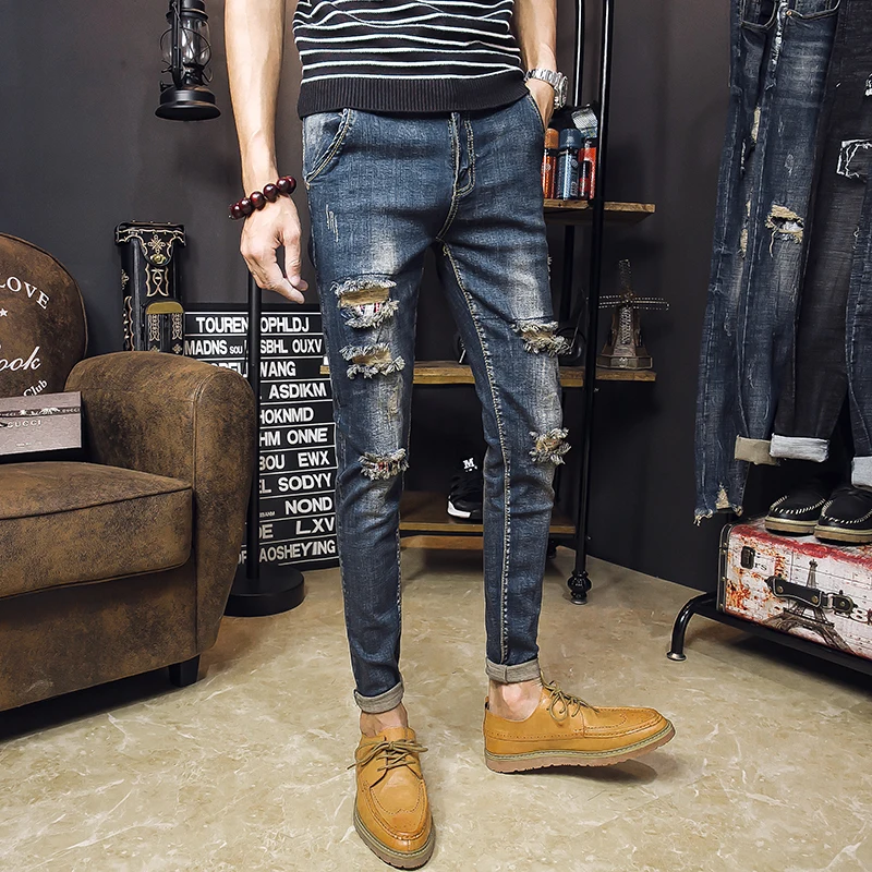 Корейская версия тренда мужские джинсы с дырками Осенние новые штаны срезанные