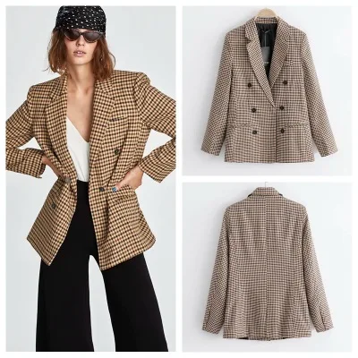 Korean 2019 Spring Plaid Blazers Cotton Full Double Breasted Notched Suits Office Women Blazers Casual Blazer Feminino
Korean 2019 Spring Plaid Blazers Cotton Full Double Breasted Notched Suits Office Women Blazers Casual Blazer Feminino