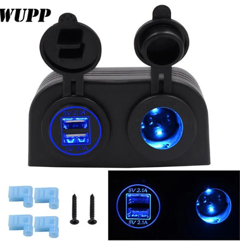 

WUPP Car Motorcycle Dual 4.2A USB Charger + 12V/24V Cigarette Lighter Socket Two Hole Tent Type Panel For Boat Marine ATV RV