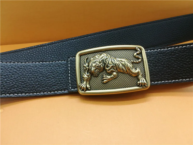 Фото Дизайнерский мужской ремень высокого качества кожаный с тигром и логотипом