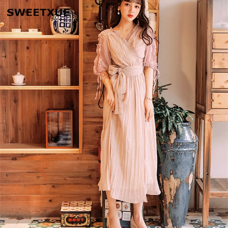 SWEETXUE Elegant Women Dress Cross V Neck Open Back High Waist Bow Lace Up Ruched Silk Beach Vacation Dresses 2019 summer New
SWEETXUE Elegant Women Dress Cross V Neck Open Back High Waist Bow Lace Up Ruched Silk Beach Vacation Dresses 2019 summer New