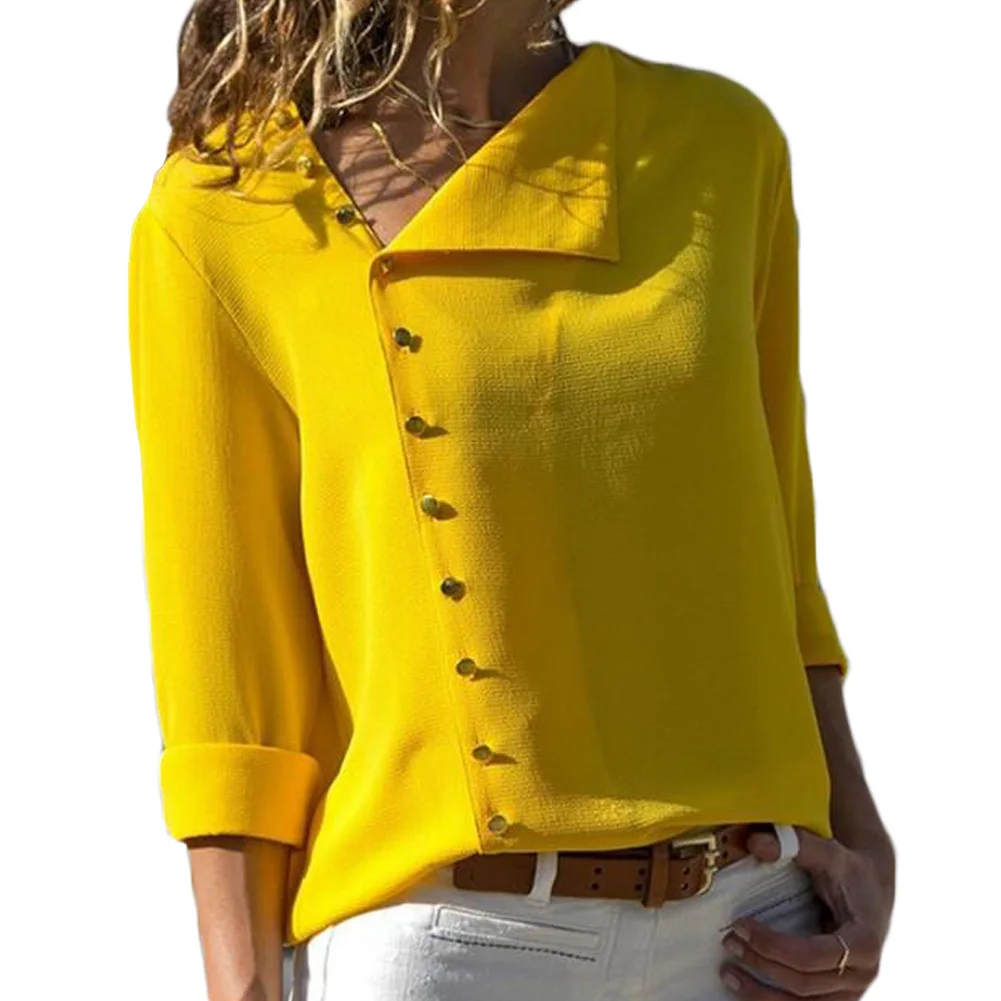 2018 Summer Tops Button Irregular Blouse Women Yellow Long Sleeve Oblique Collar Shirt Female Elegant Autumn Casual Office |