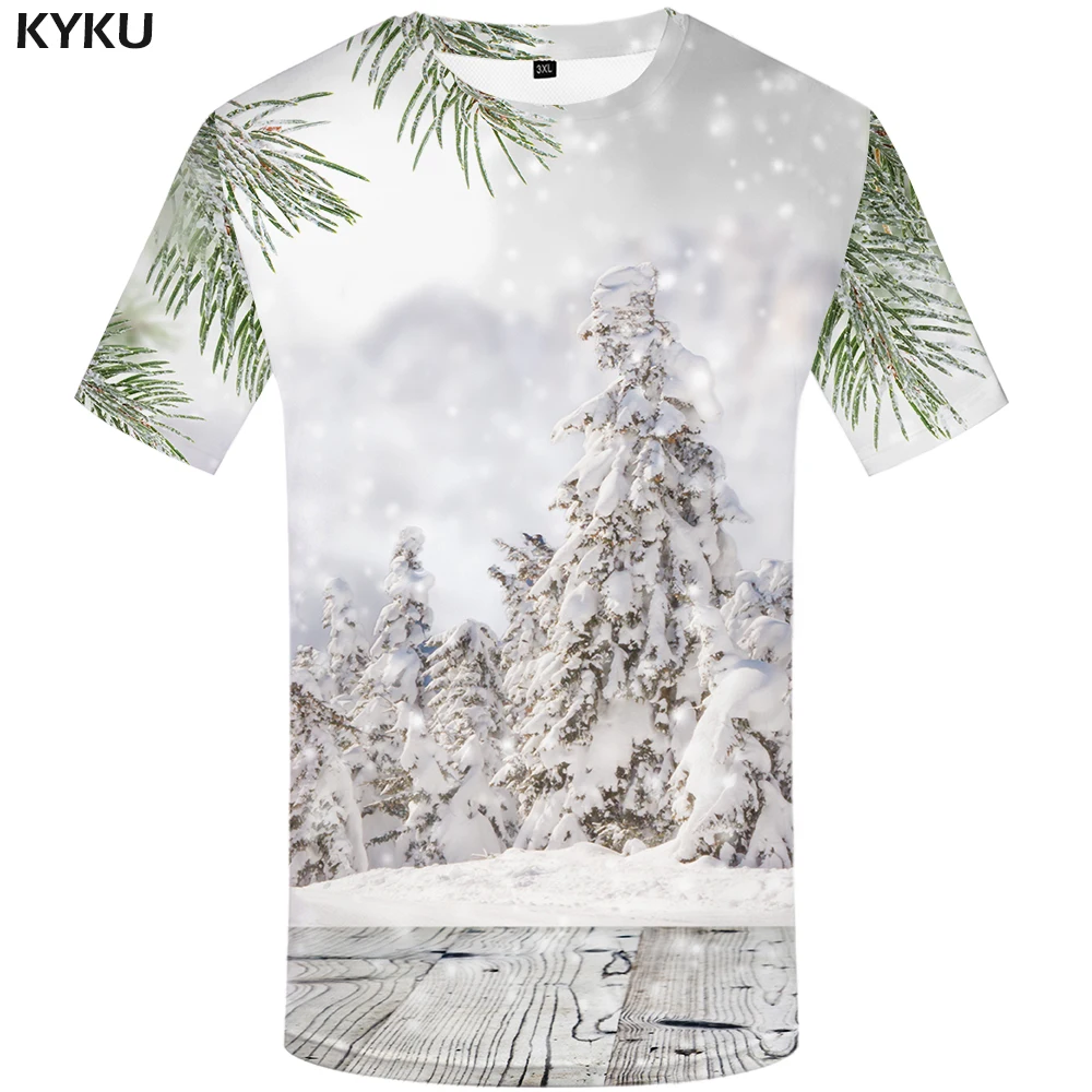 KYKU Brand Christmas T-shirt Men Xmas Tshirt Printed Snow Anime Clothes Forest Shirt Print White Tshirts Casual Short Sleeve | Мужская