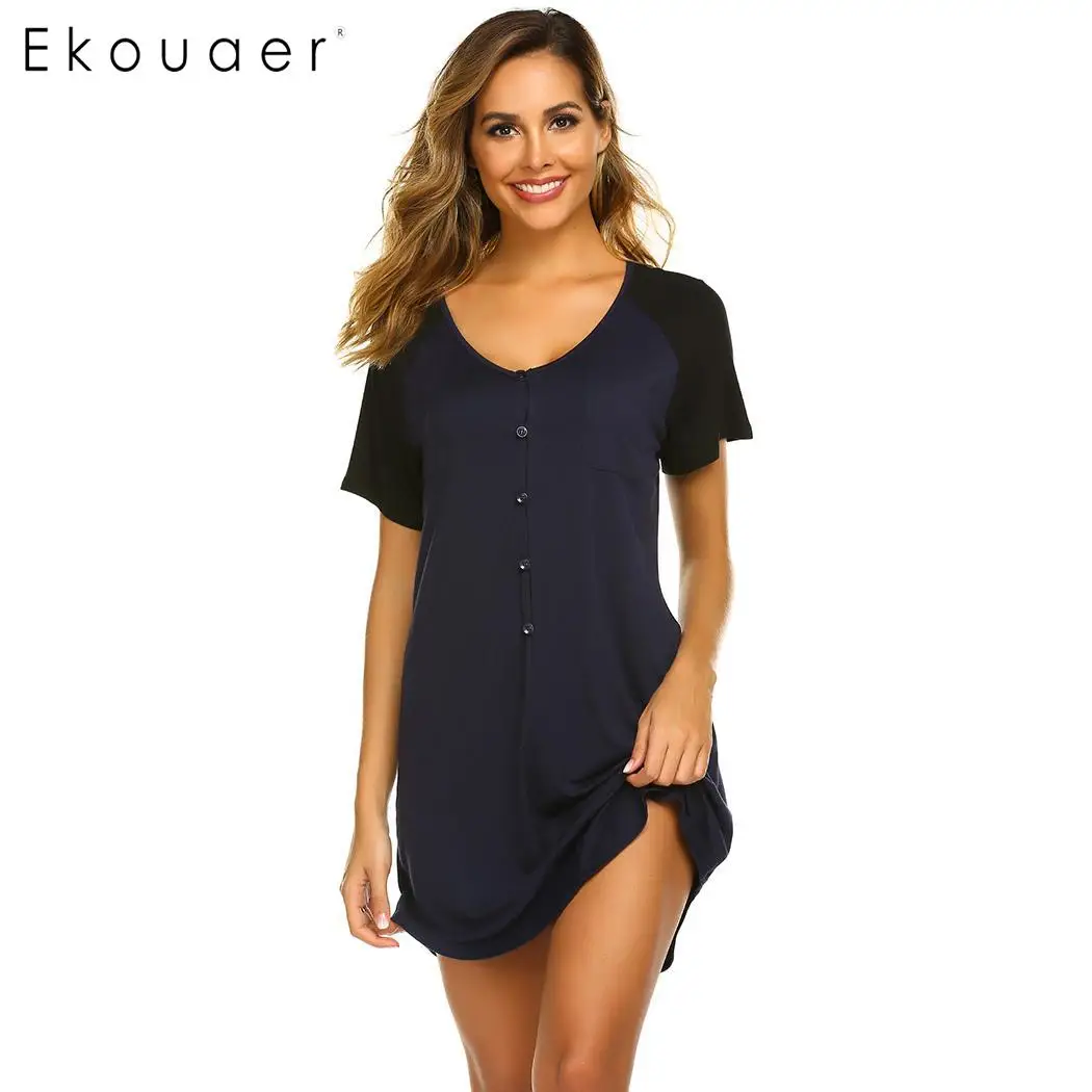 Ekouaer Women Summer Nightdress Homewear Front Button V-Neck Short Sleeve Patchwork Loose Nightgown Female Sleepwear Dresses
Ekouaer Women Summer Nightdress Homewear Front Button V-Neck Short Sleeve Patchwork Loose Nightgown Female Sleepwear Dresses