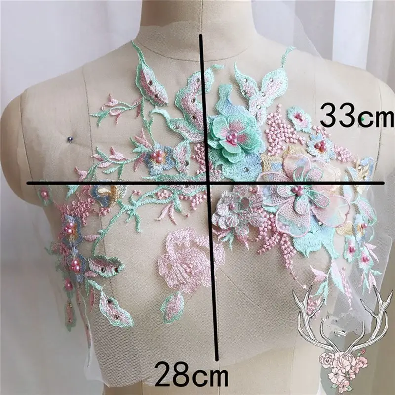 Color - Navy Blue 3D Flower Lace Embroidery Bridal Applique Beaded Pearl Tulle DIY Wedding Dress