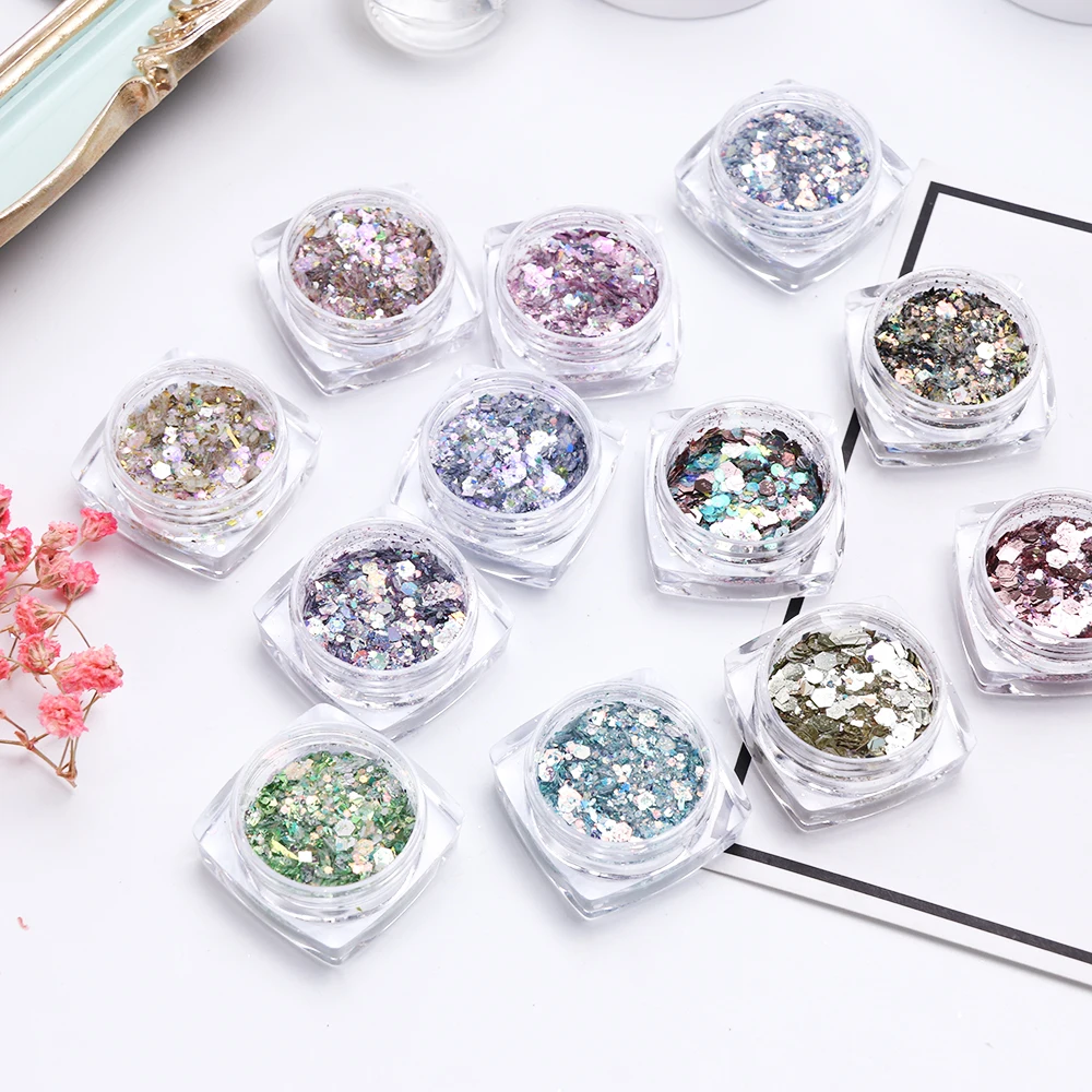 12 Box Colorful Metallic Hexagon glitter powder Flakes Sparkly Mermaid nail art Sequins 3D Manicure Powder for nailsLADJ01-12-1 (2)