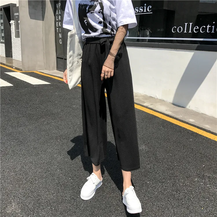 Plus Size - Casual Elastic Waist Loose Wide Leg Pants Preppy Style Trousers Female Palazzo Pants (Us 18W-20W)