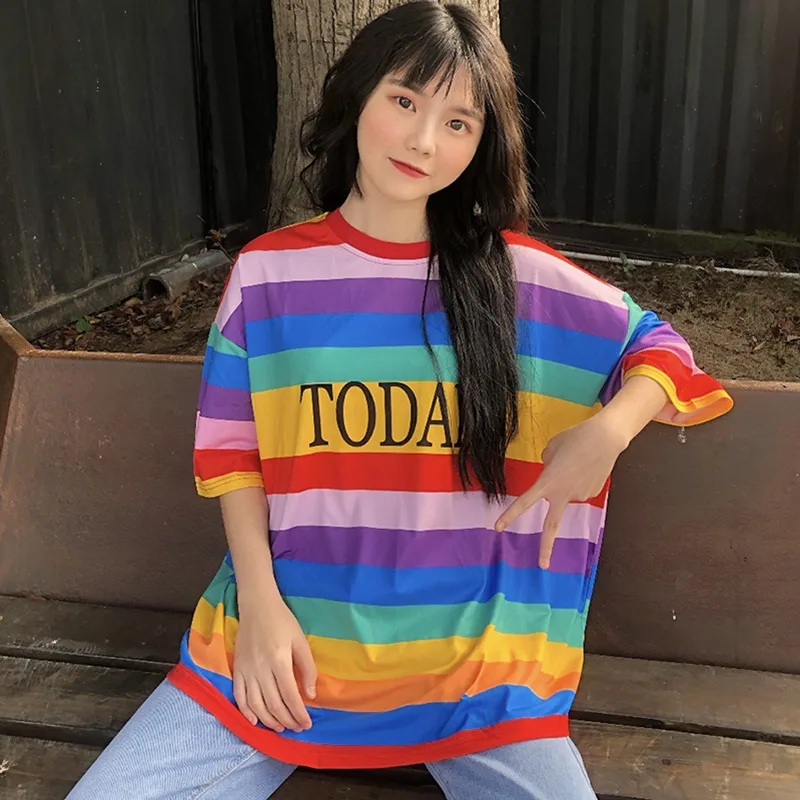 2019 Summer Short Sleeve Korean Punk T-shirt Women Rainbow Striped Tops Loose Casual Harajuku Letter TODAY Print Tshirt feminina
2019 Summer Short Sleeve Korean Punk T-shirt Women Rainbow Striped Tops Loose Casual Harajuku Letter TODAY Print Tshirt feminina