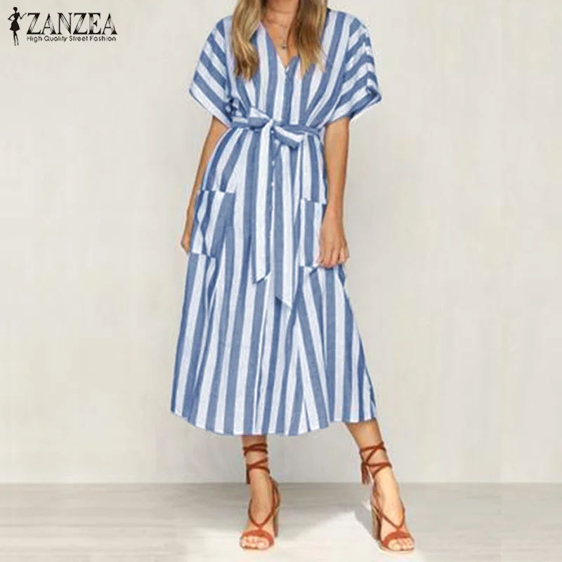 S-5XL ZANZEA Women Vintage Striped V Neck Long Shirt Dress 2019 Summer Casual Loose Bow Belt Split Hem Vestido Elegant Work Robe
S-5XL ZANZEA Women Vintage Striped V Neck Long Shirt Dress 2019 Summer Casual Loose Bow Belt Split Hem Vestido Elegant Work Robe