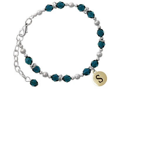Goldtone Capital Letter - S - Pebble Disc - Navy Blue Beaded Bracelet