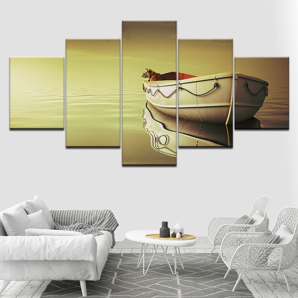 

Canvas Painting Life Of Pi Boat Tiger Wallpapers Wall Art Pictures 5 Pieces Modular Wallpapers Poster Print for Home Decor