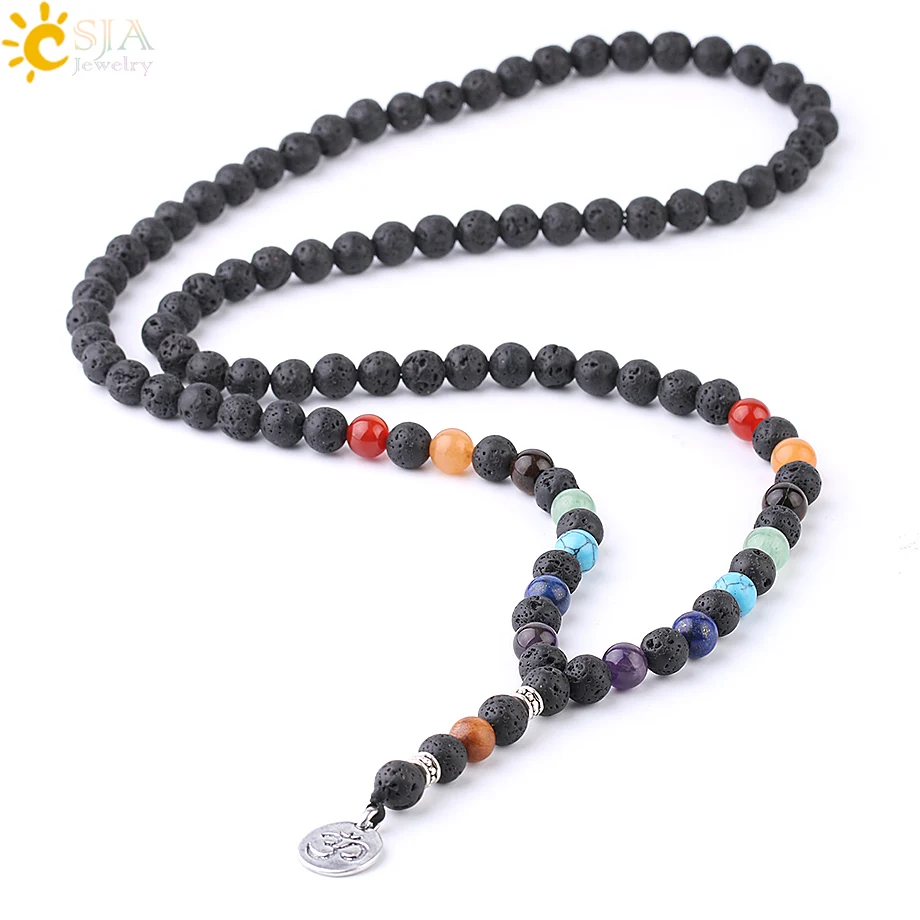

CSJA Natural Stone Black Lava Mala Necklaces for Men 8mm Hematite Wood Beads 7 Chakras Buddha Yoga OM Rosary Ethnic Jewelry F762