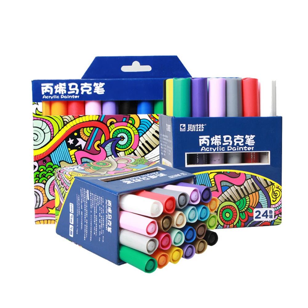 

STA 24Color Set Permanent Colored Paint Maker Set Metal Fabric Plastic Water-based Acrylic Painter Pens DIY Highlighter Marker