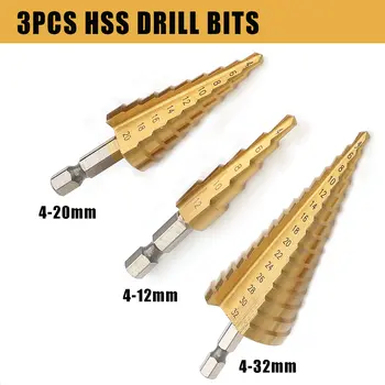 3pcs HSS Steel Drill Bit Large Step Cone Hex Shank Coated Metal Grooved Drill Bit Cut Tool Set Hole Cutter 4-12/20/32mm
3pcs HSS Steel Drill Bit Large Step Cone Hex Shank Coated Metal Grooved Drill Bit Cut Tool Set Hole Cutter 4-12/20/32mm